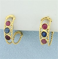 Ruby and Sapphire Hoop Earrings In 18k Yellow Gold