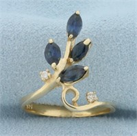 Sapphire and Diamond Leaf Ring in 14k Yellow Gold