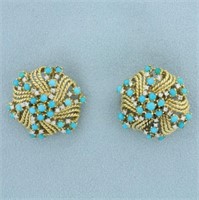 Clip On Diamond and Turquoise Earrings in 14k Yell