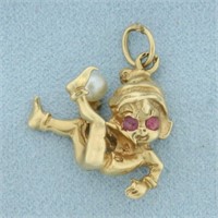 Vintage 3 D Imp Elf Ruby And Cultured Pearl Charm