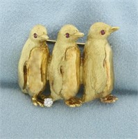 Diamond and Ruby Penguin Pin in 18k Yellow Gold