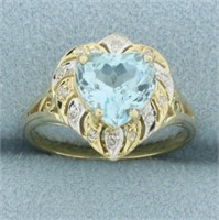 Heart Shaped Blue Topaz and Diamond Ring in 14k Ye