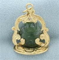 Hand Carved Jade Buddha Pendant in 14k Yellow Gold