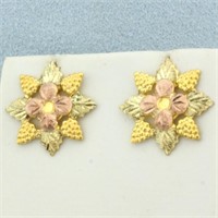 Black Hills Gold Tri Color Flower and Leaf Earring