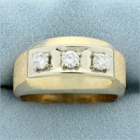 Mens Three Stone Diamond Ring in 14k Yellow Gold