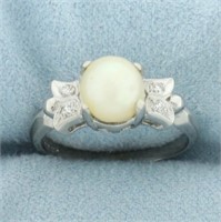 Vintage Akoya Pearl and Diamond Ring in 14k White