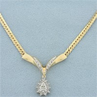Diamond Teardrop Cluster Dangle V Necklace in 14k