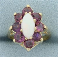 Opal and Tourmaline Halo Flower Ring in 14k Yellow