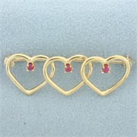 Pink Sapphire Triple Heart Brooch Pin in 14k Yello