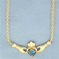 Blue Topaz Choker Claddagh Necklace in 14k Yellow