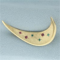 Ruby and Emerald Swoosh Design Brooch Pin in 14k Y