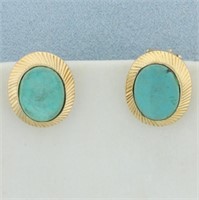 Vintage Turquoise Bezel Set Earrings in 14k Yellow
