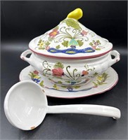 Ceramic Italian Soup Tureen with Ladle and Platter
