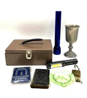 Mix of Items Including Flashlights a Money Box