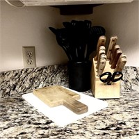 Knives in Knife Block, Cutting Boards, & Kitchen