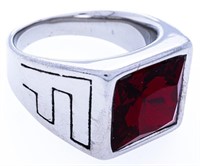 Gents Stainless Steel Ring, Size 12 Ruby Red Cryst