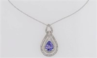 1.45 Ct Tanzanite Diamond Halo Necklace 14 Kt