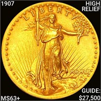 1907 HIGH RELIEF $20 Gold Double Eagle CHOICE BU