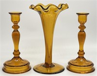 3pc Vintage Amber Glass Vase & Candlesticks