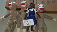 3 Sock Monkeys & Handmade Doll