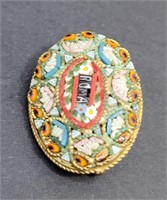 Vtg Italian Micro Mosaic Oval Brass Brooch