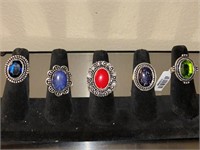 Lot of 5 German Silver Rings Different Stones