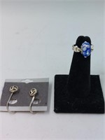 Sterling Silver Glass Bead Ring & Pair of Earrings