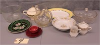 glass pitcher, plates, bowls, serving plate