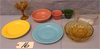 Fiesta plates; amber stemed bowl;