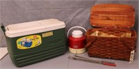 picnic basket, igloo cooler
