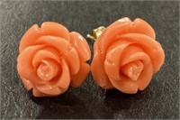 (CX) 14k Gold Backs Coral Earrings w Floral