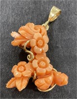 (CX) 14k Gold Hand Carved Coral Pendant w Floral