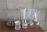 Glass pitchers, butter dish, pourers