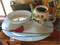 cardinal tray, teapot, dish