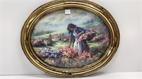 Oval picture of woman picking flowers print by