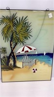 Beach scene picture on glass, painted surface,