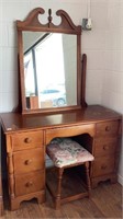 Wood vanity dresser with mirror and stool set, 6