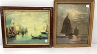 2 framed pictures of water vessels, Italy scene