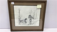Art pencil drawing of ducks in water scene by