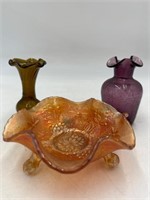 Vintage Mary gold carnival dish & mini glass vases