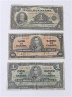 1935 $1, 1937 $1, 1937 $2 BANK OF CANADA BANKNOTES