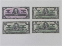 FOUR 1937 BANK OF CANADA BANKNOTES