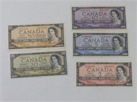 5 BANK OF CANADA 1954 BANKNOTES