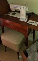 Janome Sewing Machine in cabinet & Stool-works