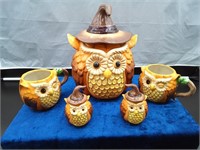 Cracker Barrel Ceramic Owl Cookie Jar Set