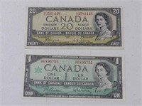 1954 BANK OF CANADA $20, 1967 $1 BANKNOTES