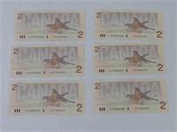6 - 1986 BANK OF CANADA SEQUENTIAL $2 BANKNOTES