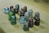 (10) Green Glass Insulators & (7) Brown Ceramic