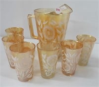 Vintage Marigold pitcher with (6) glasses. Pitcher