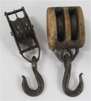 (2) Vintage barn pulleys. Wood pulley made in